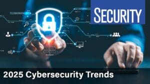 A person uses a touchscreen device with a glowing digital padlock icon and data icons representing 2025 cybersecurity trends.