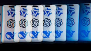 Abstract row of smartphone screens showing repeating blue technology logos with a motion blur effect