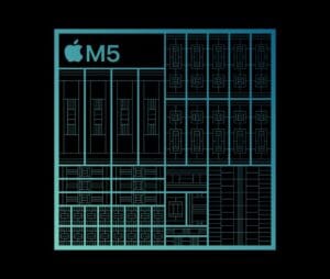 Stylized diagram of an Apple M5 processor chip on a black background