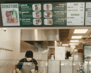 Worker preparing food behind counter in casual restaurant with illuminated menu boards overhead