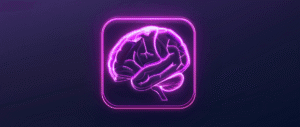 Neon pink outline of a human brain inside a rounded square icon on a dark purple background