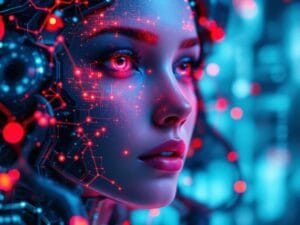 Futuristic cybernetic woman with glowing red circuitry and neon blue background