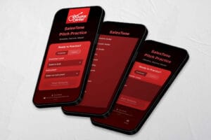 SalesTone pitch practice mobile app mockup for Guitar Center shown on three overlapping smartphones