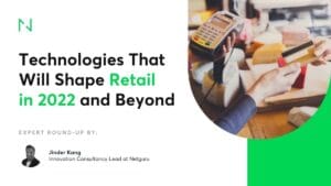 Technologies that will shape retail in 2022 and beyond – expert round‑up banner with a person paying by credit card on a POS terminal