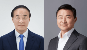 Two professionally dressed men in suits posing for separate studio headshots side by side