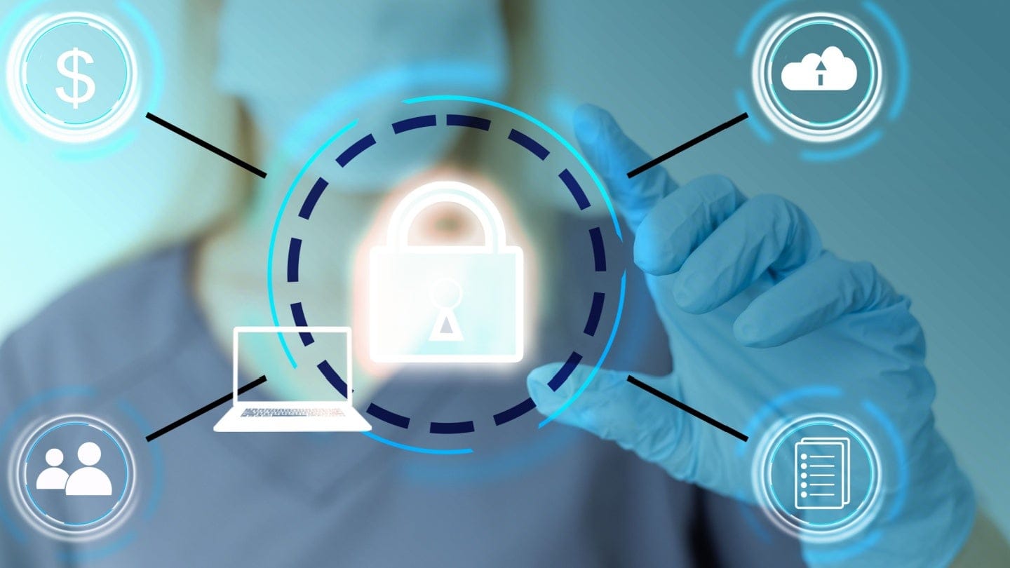 A gloved hand interacts with digital security icons, including a padlock, cloud storage, user profiles, financial symbols, and a laptop, representing data protection and cybersecurity.