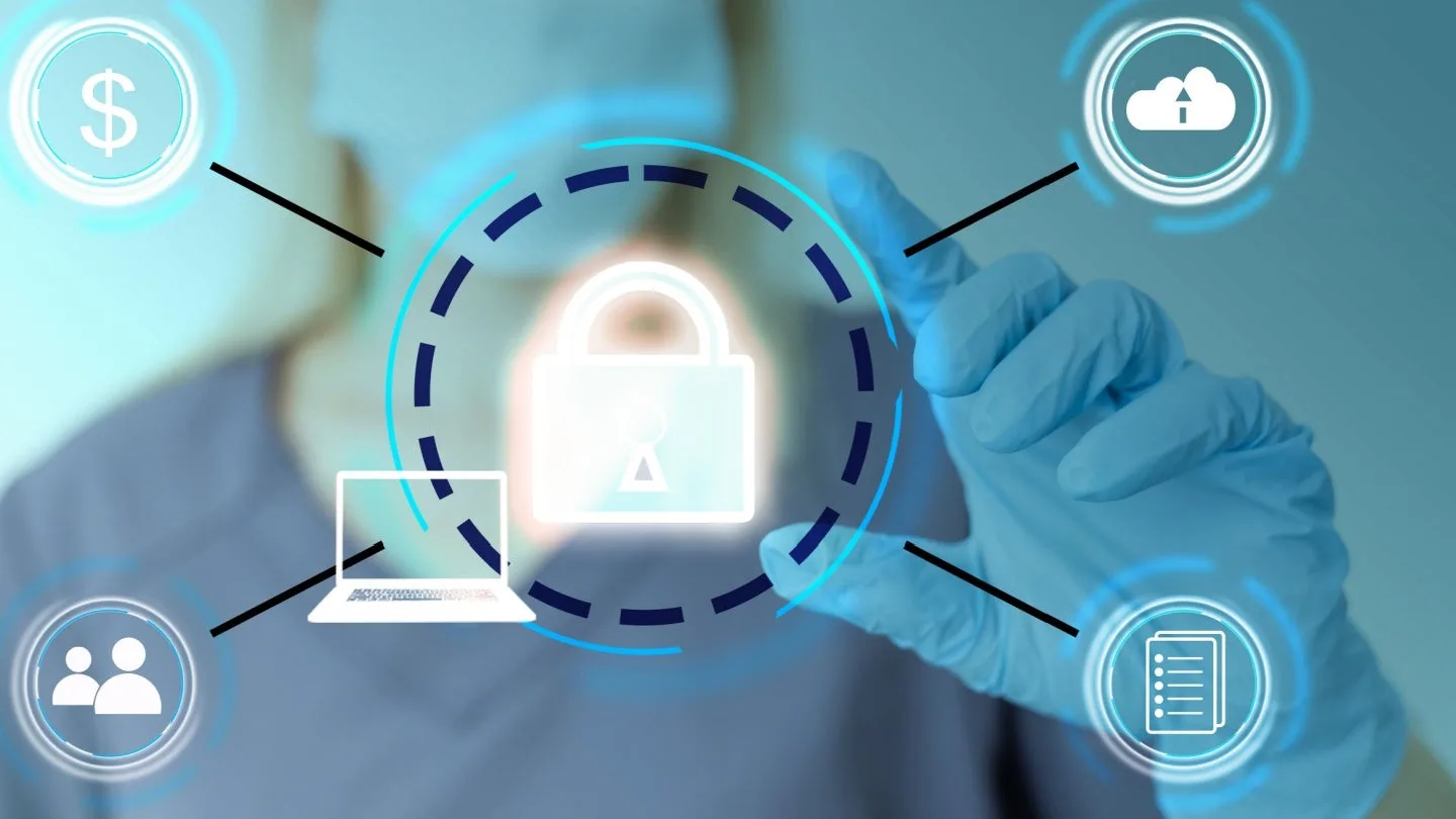 Podcast episode cover concept showing a hospital network diagram protected by a digital lock, with a faint quantum circuit pattern in the background, symbolizing both todays cybersecurity basics and tomorrows quantum threats.