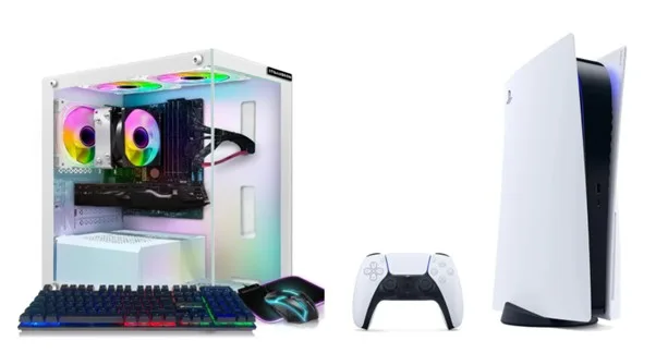 A white RGB gaming PC setup with keyboard and mouse next to a white gaming console and controller.