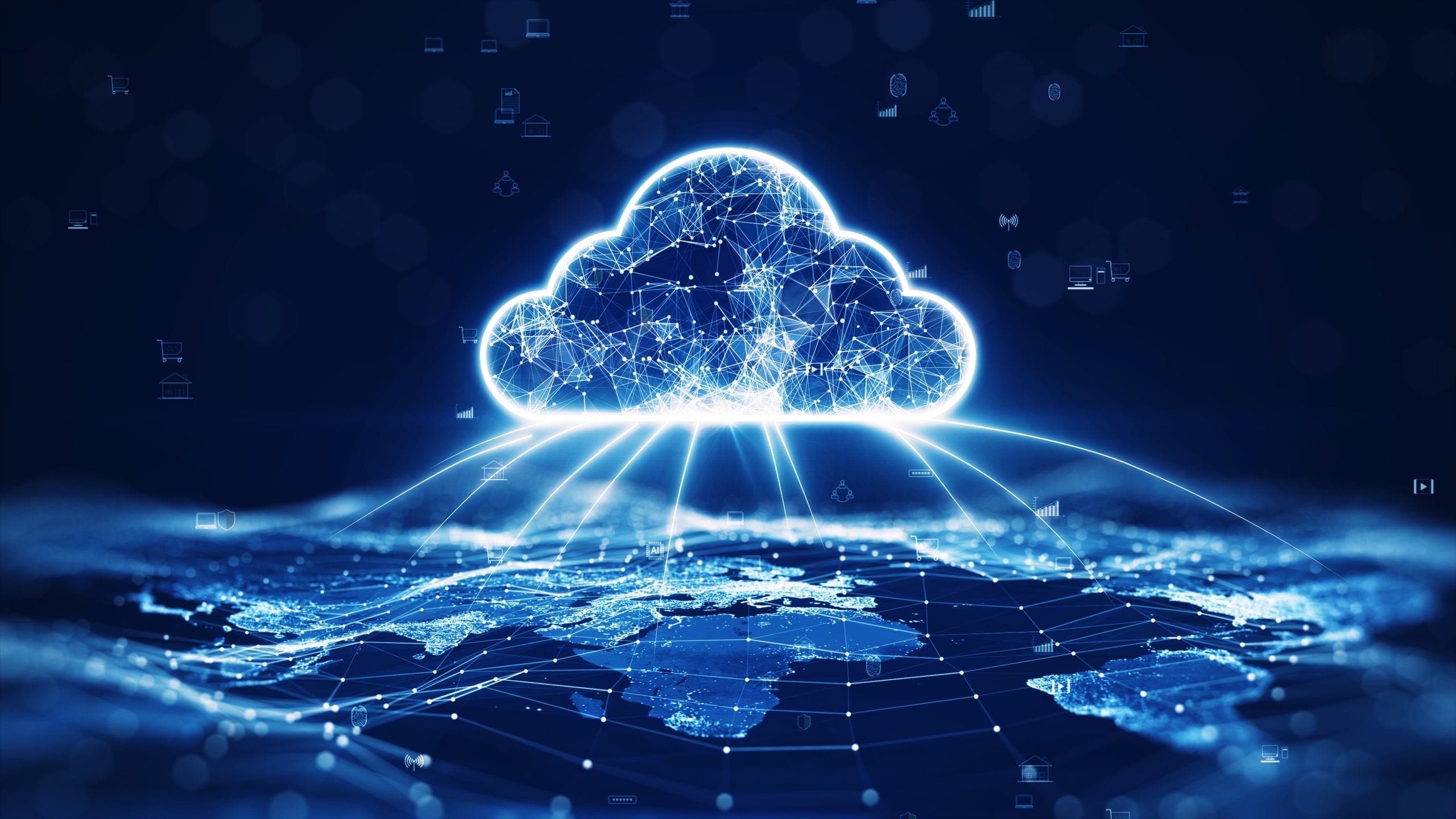 A glowing digital cloud hovering above a connected world map, representing global cloud computing and data networks.