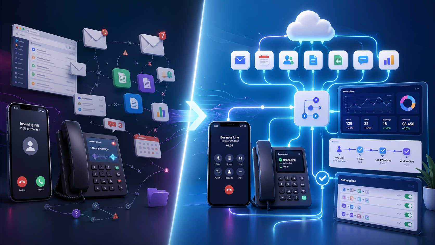 Disconnected business platforms — email, phones, and apps — being unified into a single integrated stack by TNT Nerds.