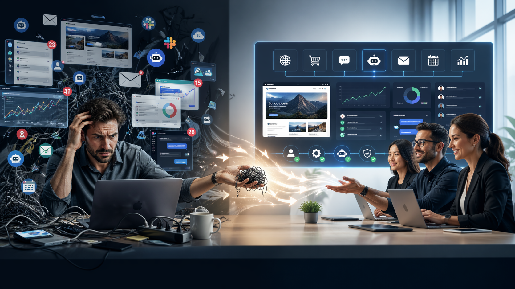 Overwhelmed small business owner juggling multiple tech vendors, platforms, and tools — the scenario where TNT Nerds becomes your single all-in-one tech team.
