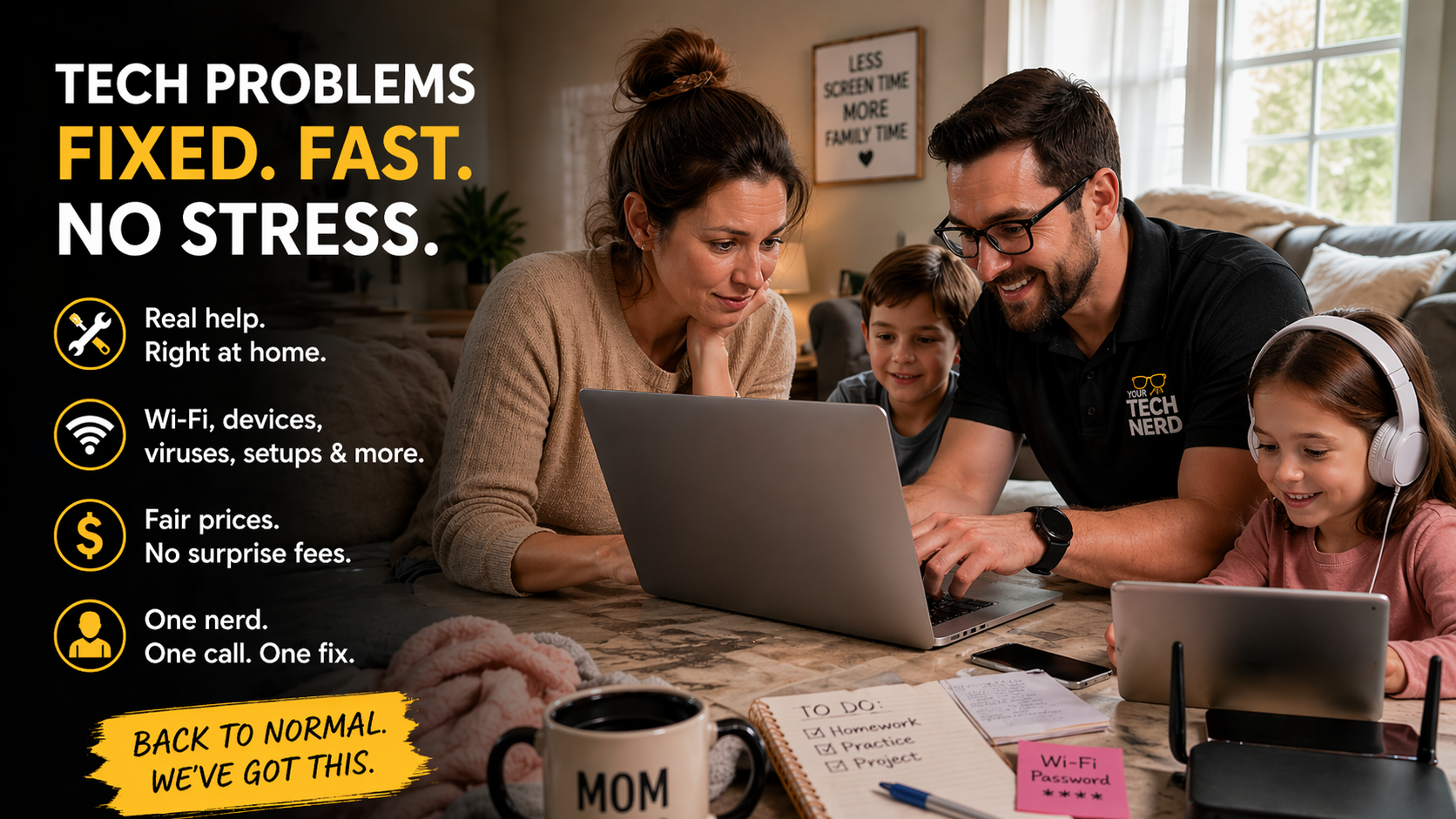 Residential tech support in a home setting — the fast, friendly, fair-priced help TNT Nerds provides to homes across Orlando and Central Florida.