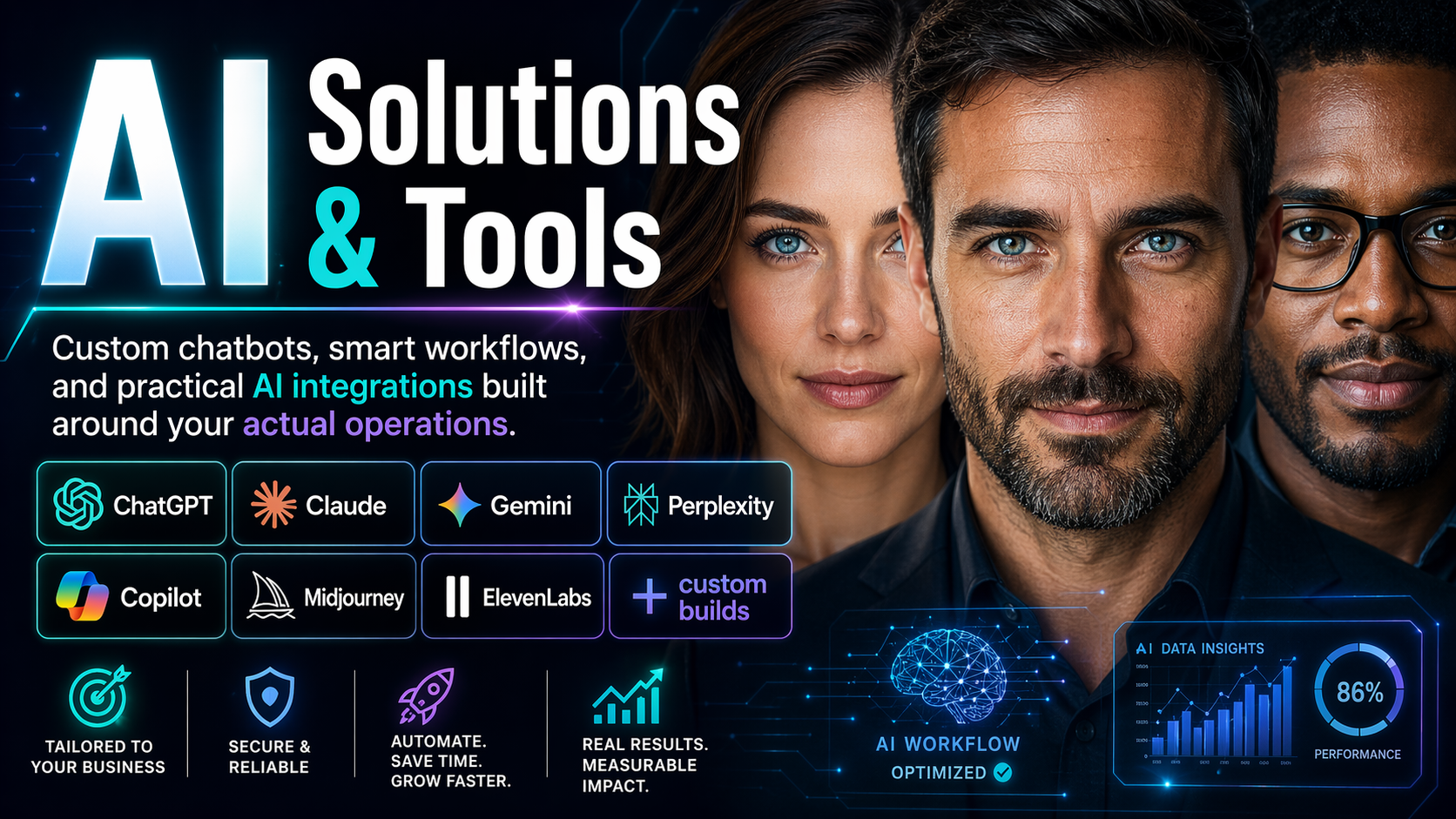 AI platforms TNT Nerds integrates for small business — ChatGPT, Claude, Gemini, Perplexity, and Copilot — including custom chatbots and intelligent workflow automations.
