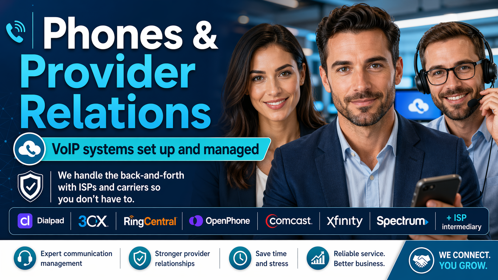 Business phone systems and internet providers TNT Nerds supports for small business — Dialpad, 3CX, RingCentral, OpenPhone, plus ISP intermediary work with Comcast, Xfinity, and Spectrum.