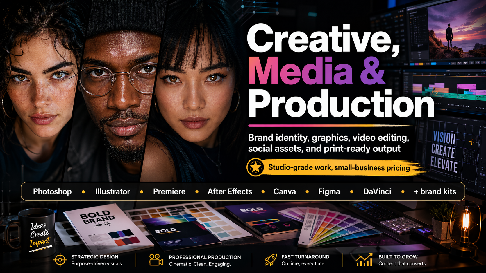 Creative production tools TNT Nerds uses for small business branding and video — Adobe Photoshop, Illustrator, Premiere Pro, After Effects, Canva, Figma, and DaVinci Resolve — for studio-grade design and media work.
