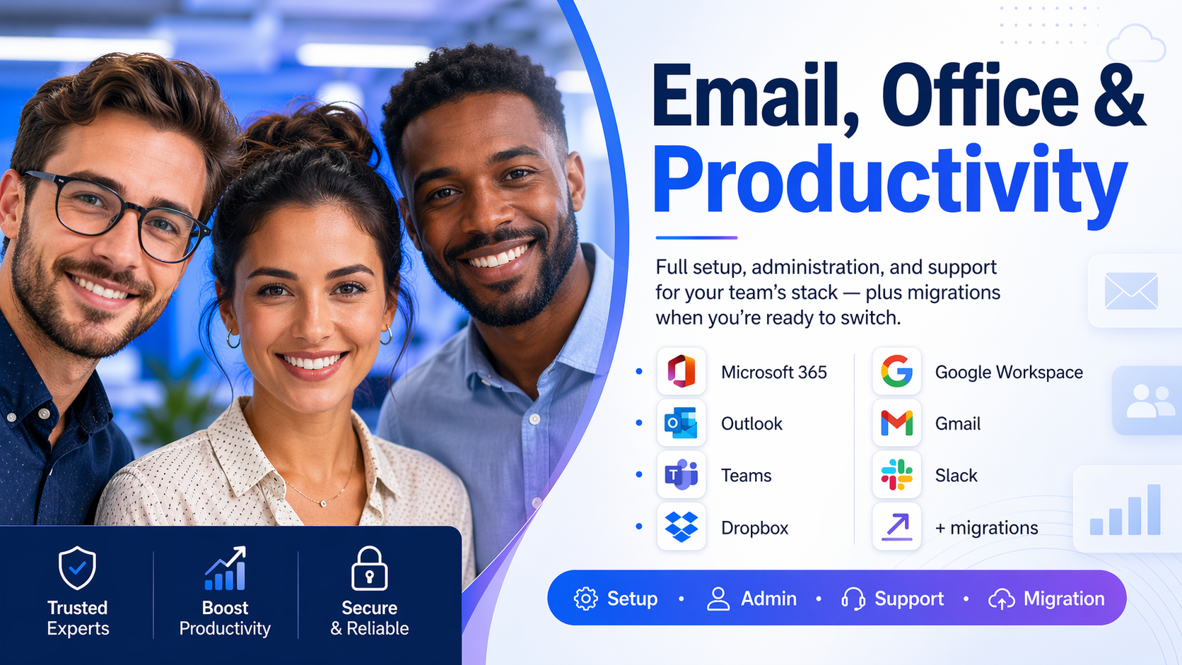 Email and office productivity platforms TNT Nerds administers for small business — Microsoft 365, Google Workspace, Outlook, Gmail, Teams, Slack, and Dropbox — including full setup, migrations, and ongoing support.